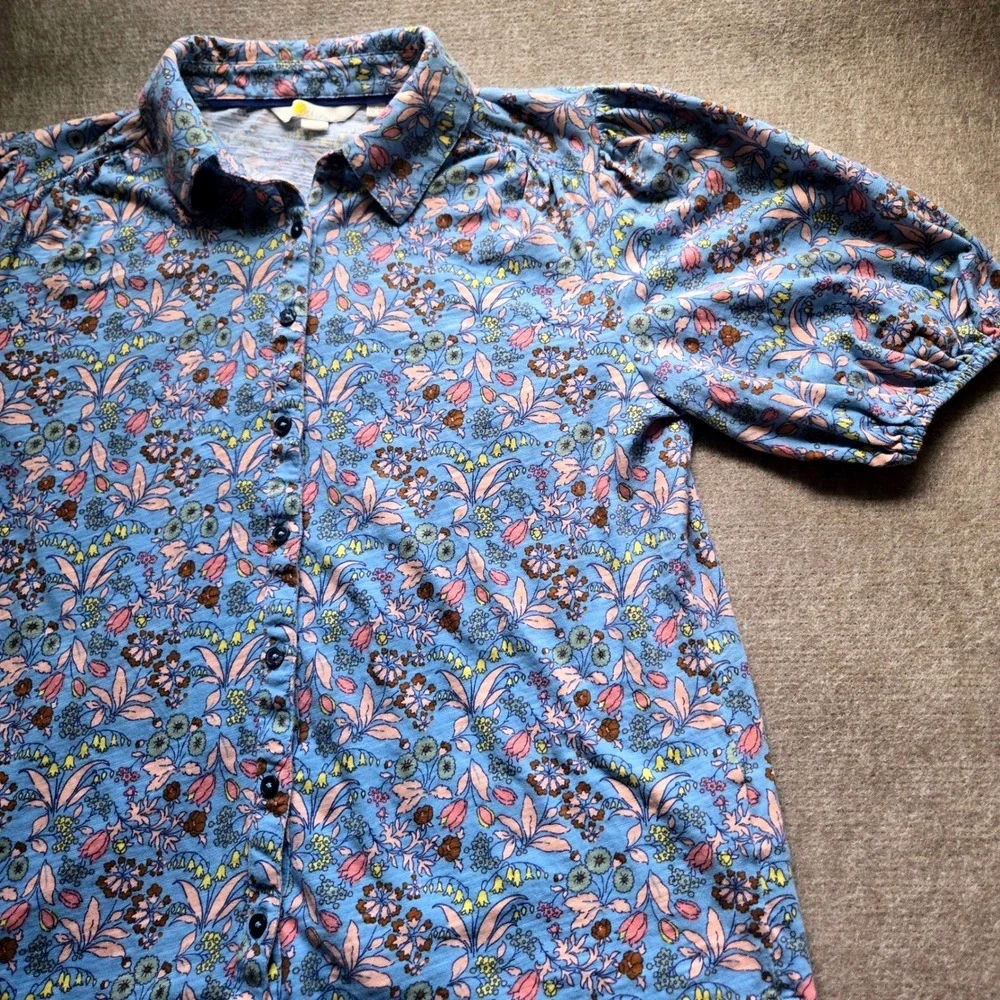 Boden Blue Floral Cotton Slub Jersey Puff Sleeve Button Front Top US 8